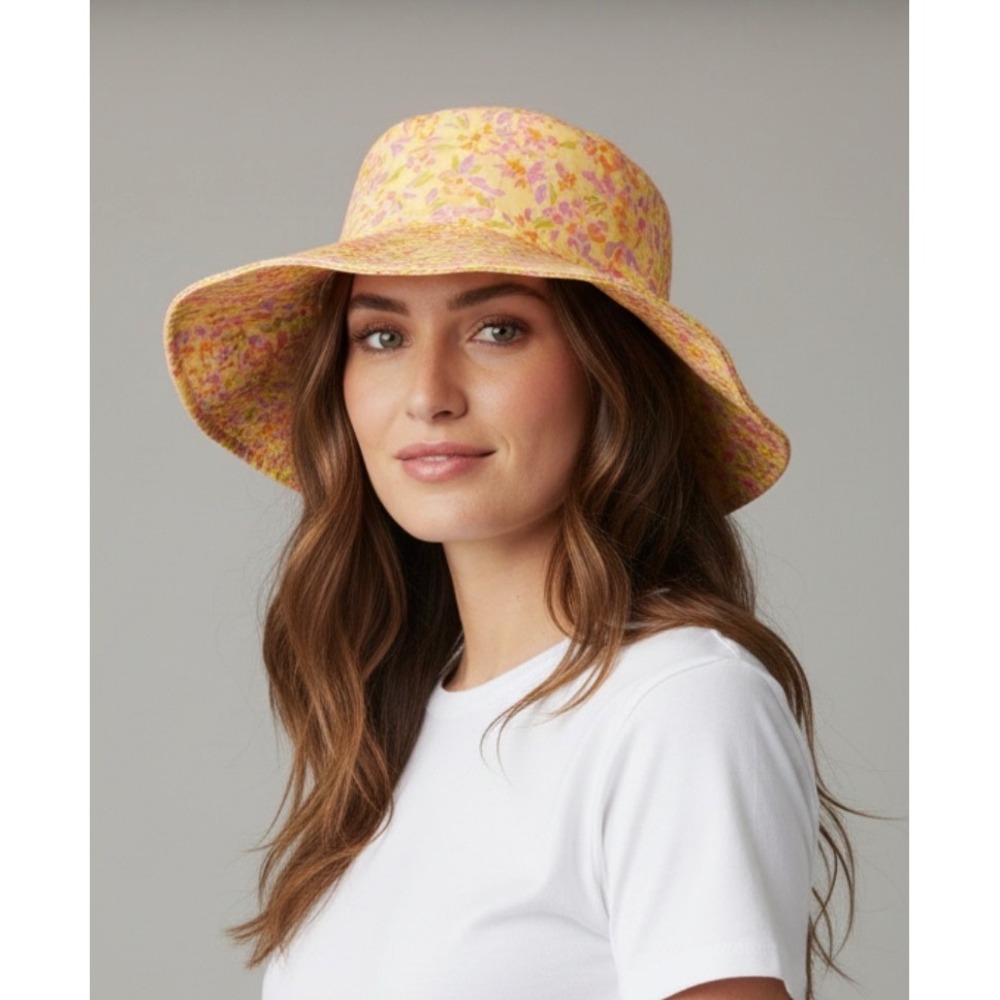 Billabong Yellow Floral Cotton Bucket Hat Wide Brim Sun Hat One Size